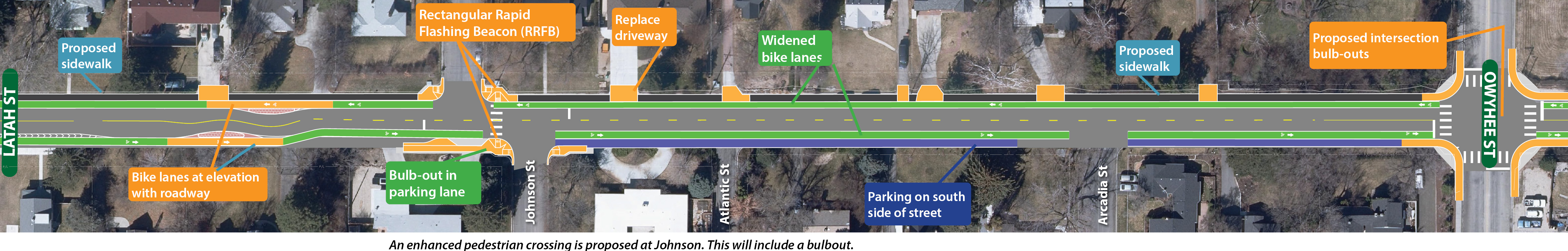 Map of traffic calming features at Latah Street to Owyhee Street.