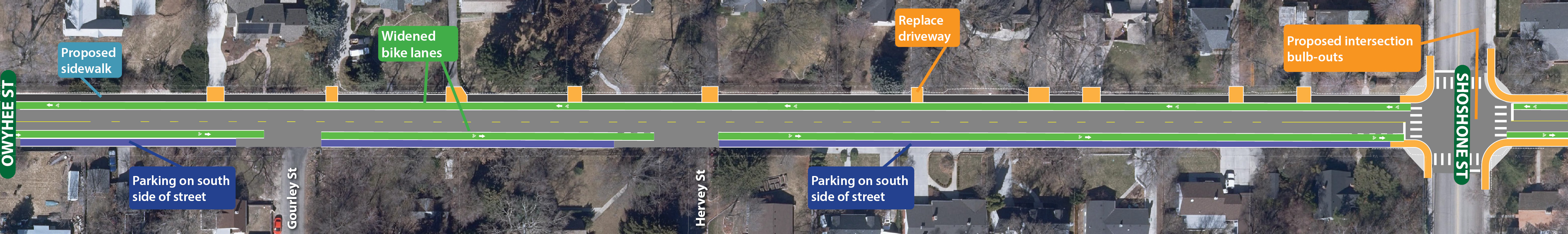 Map of traffic calming features at Owyhee Street to Shoshone Street.
